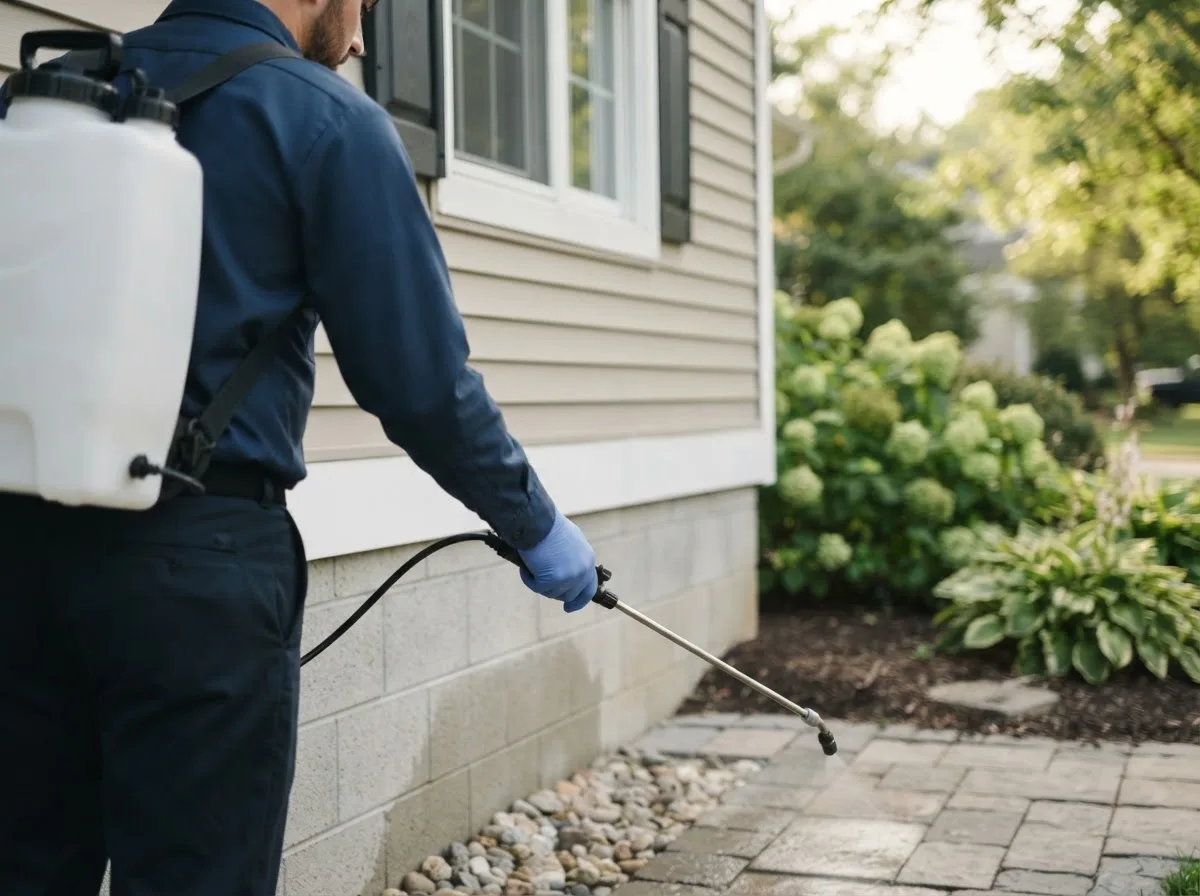 Pest control technician inspecting a home in Garden, MI